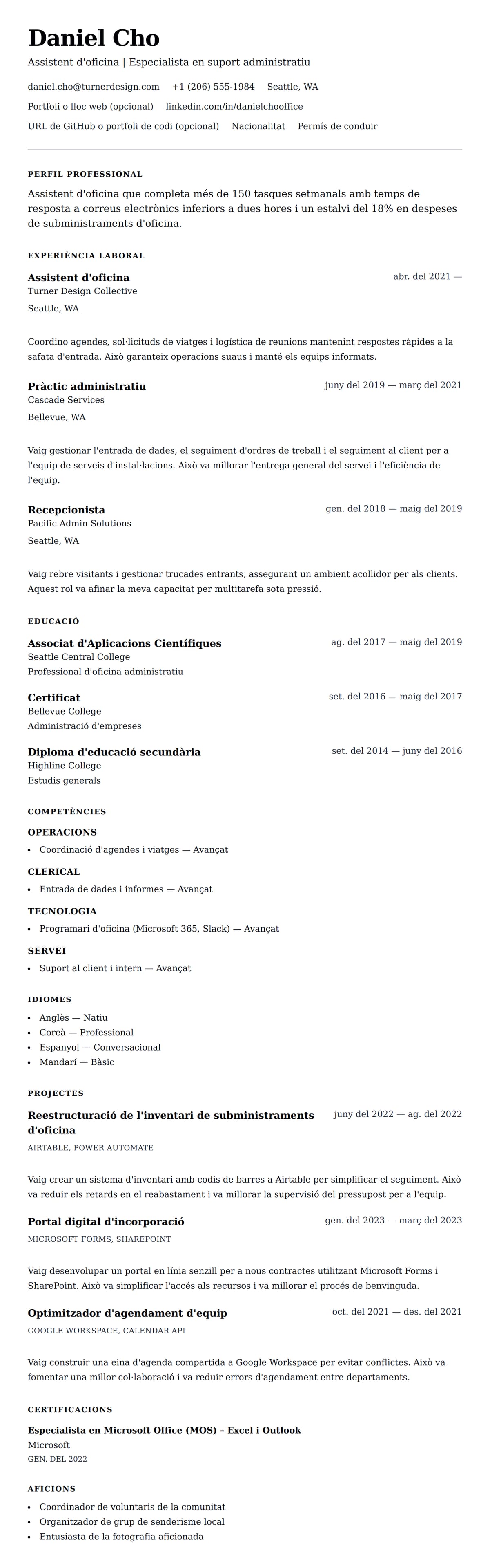 Previsualització del currículum per a Exemple de currículum d'assistent d'oficina