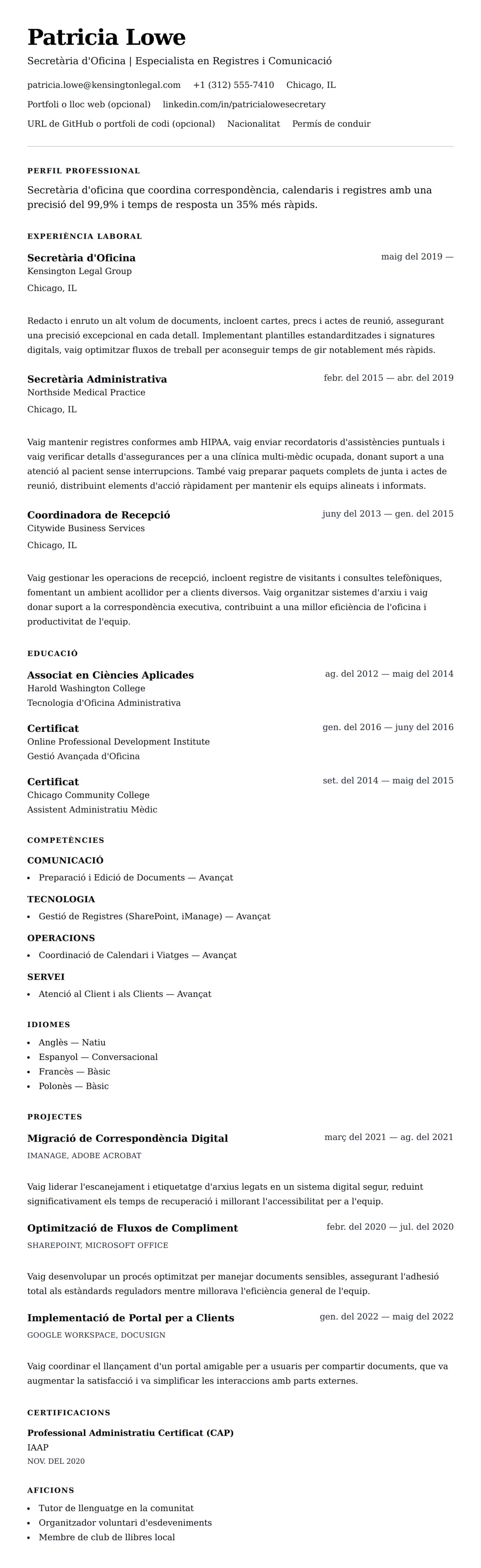 Previsualització del currículum per a Exemple de Currículum de Secretària d'Oficina