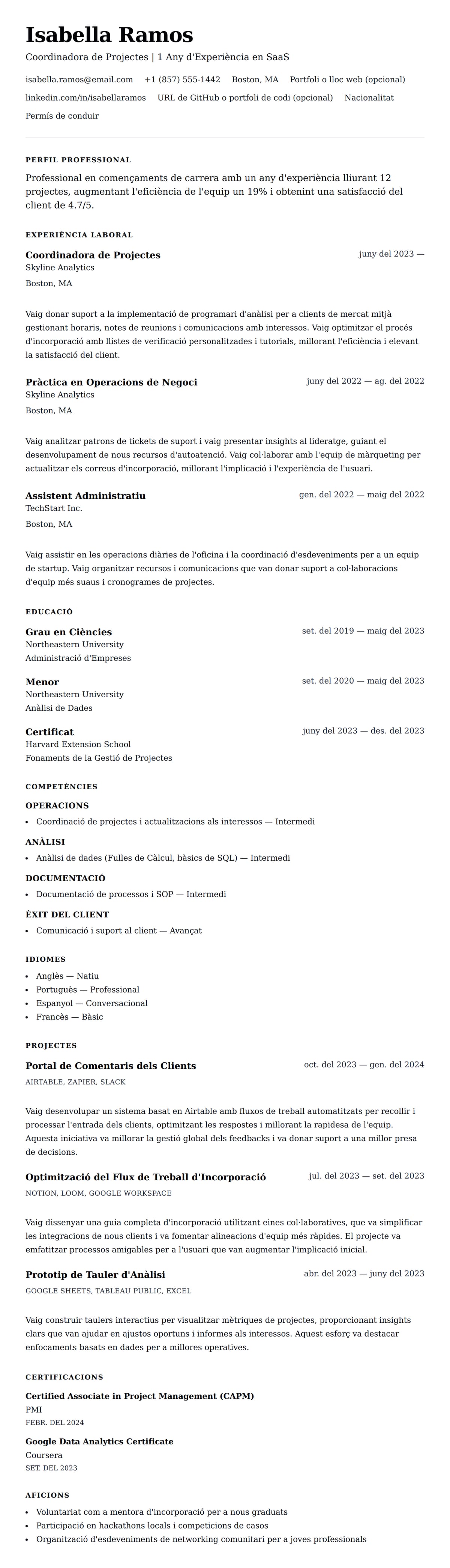 Previsualització del currículum per a Exemple de Currículum amb Experiència d'un Any