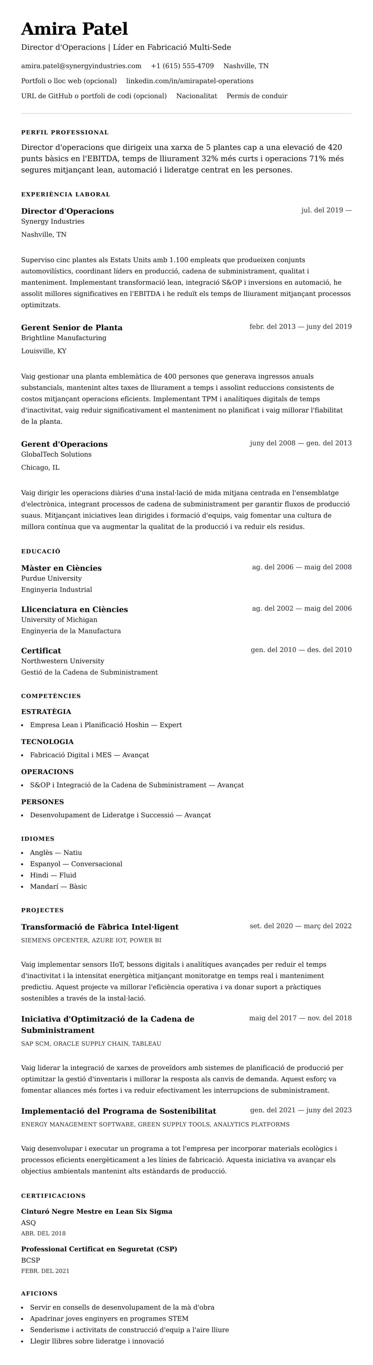 Previsualització del currículum per a Exemple de Currículum de Director d'Operacions