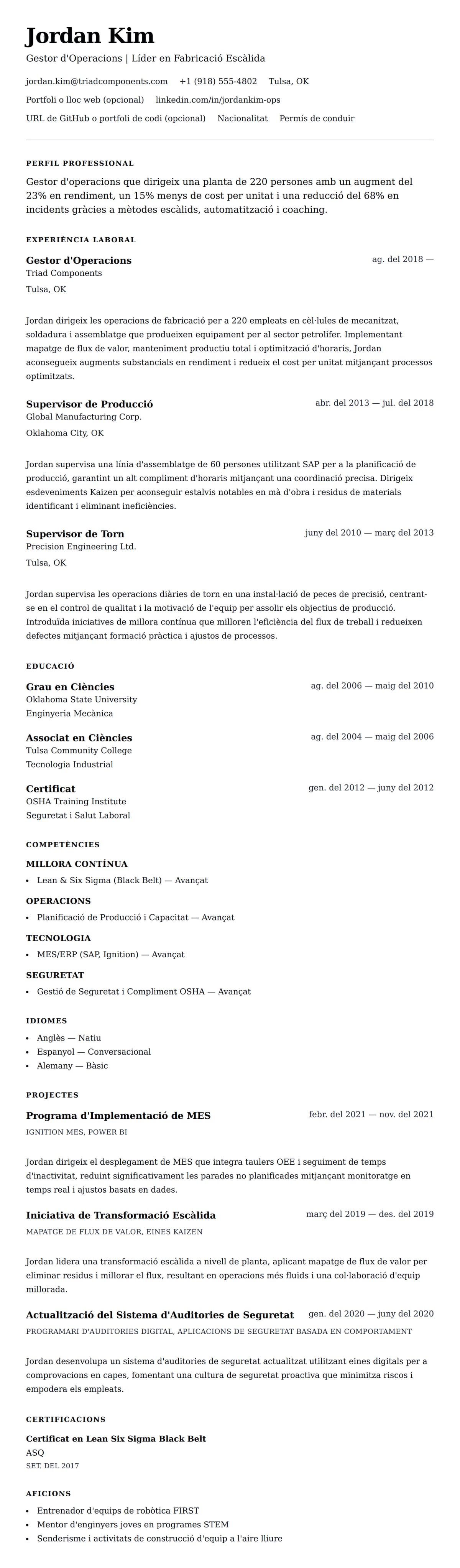 Previsualització del currículum per a Exemple de Currículum de Gestor d'Operacions