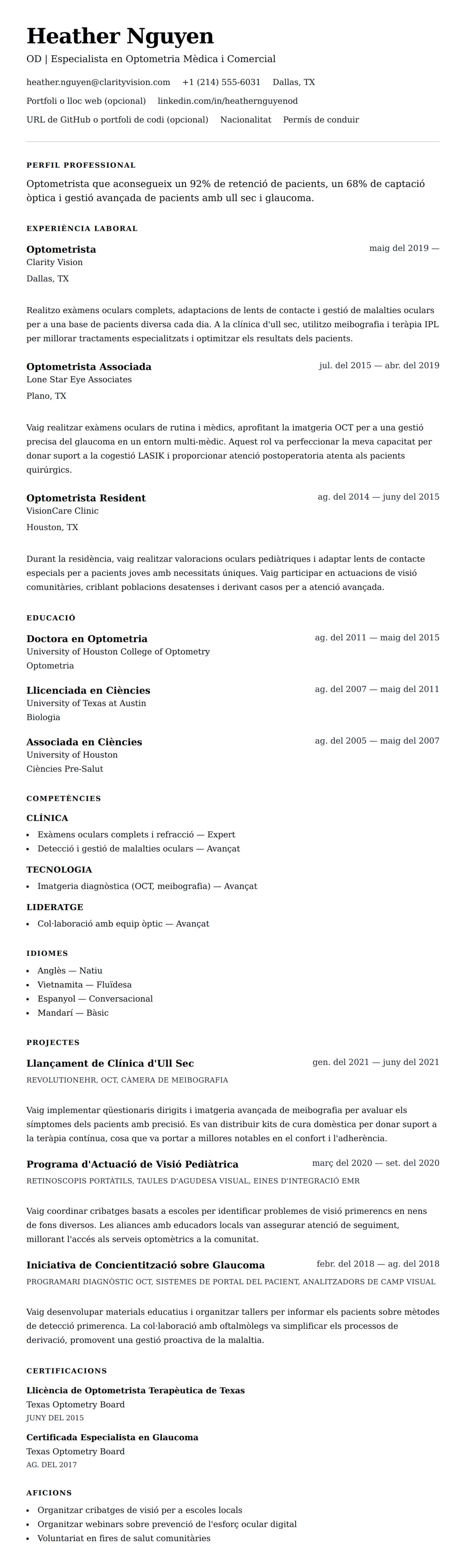 Previsualització del currículum per a Exemple de Currículum d'Optometrista