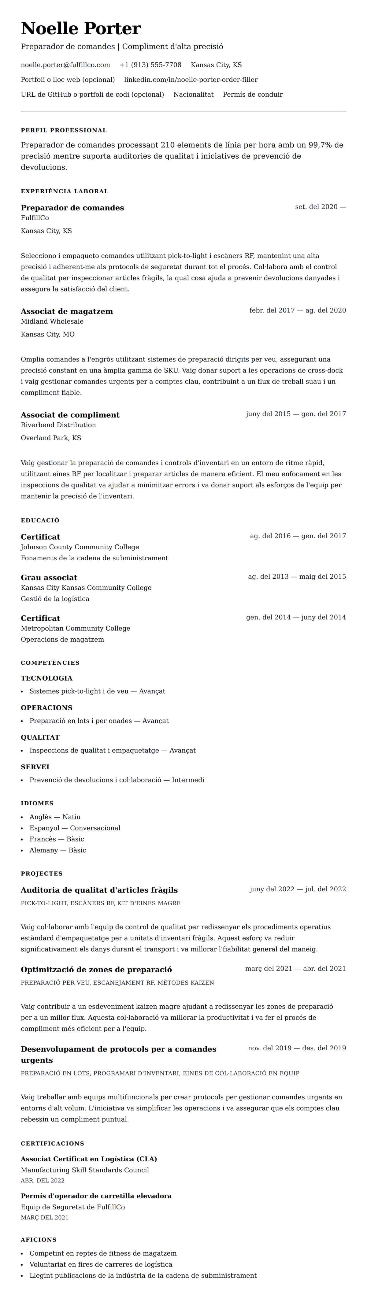 Previsualització del currículum per a Exemple de currículum de preparador de comandes