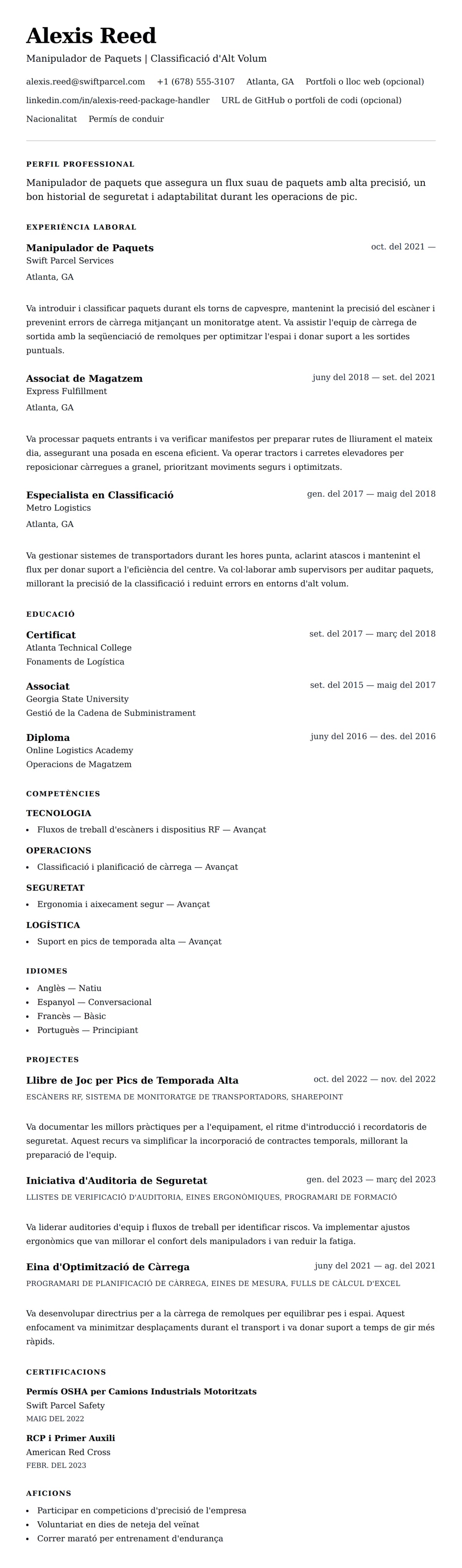 Previsualització del currículum per a Exemple de Currículum de Manipulador de Paquets