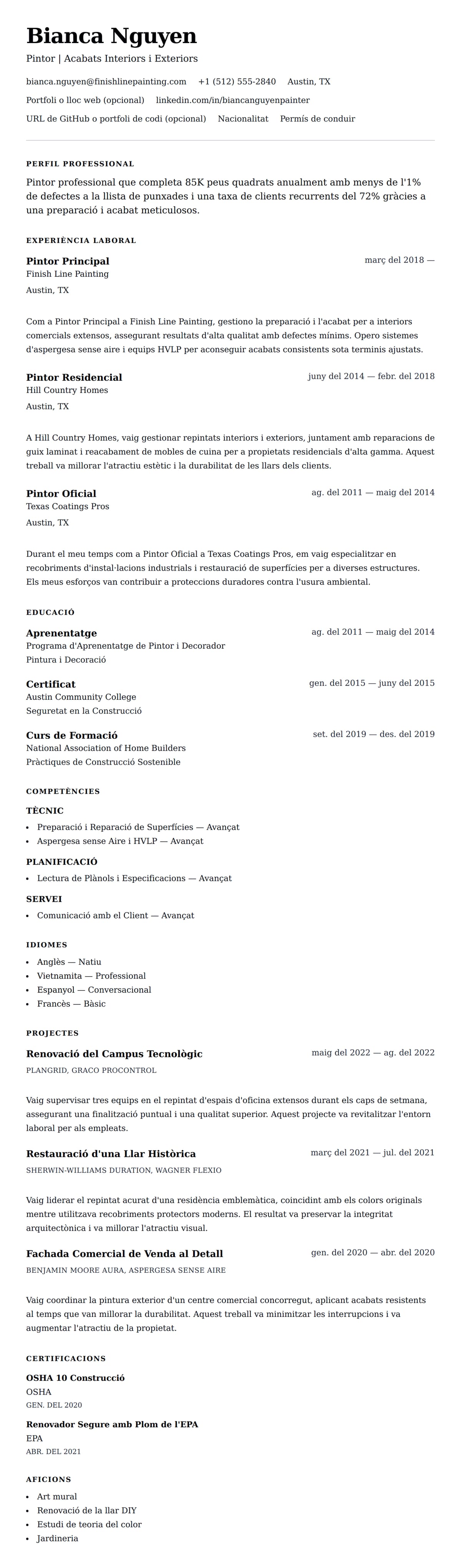 Previsualització del currículum per a Exemple de Currículum de Pintor