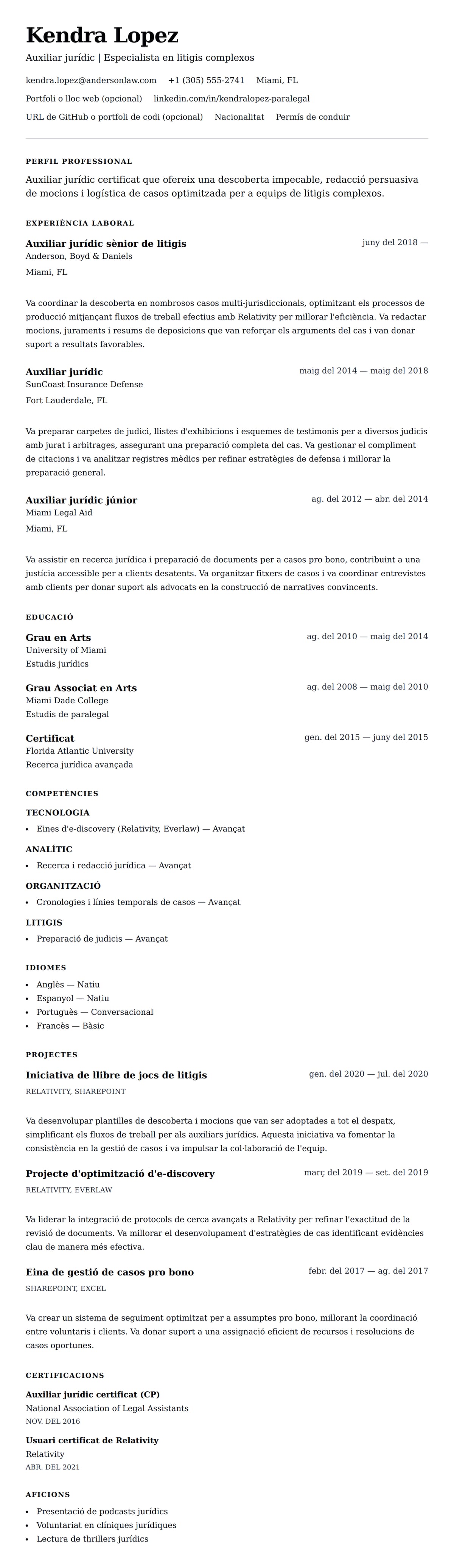 Previsualització del currículum per a Exemple de currículum d'auxiliar jurídic