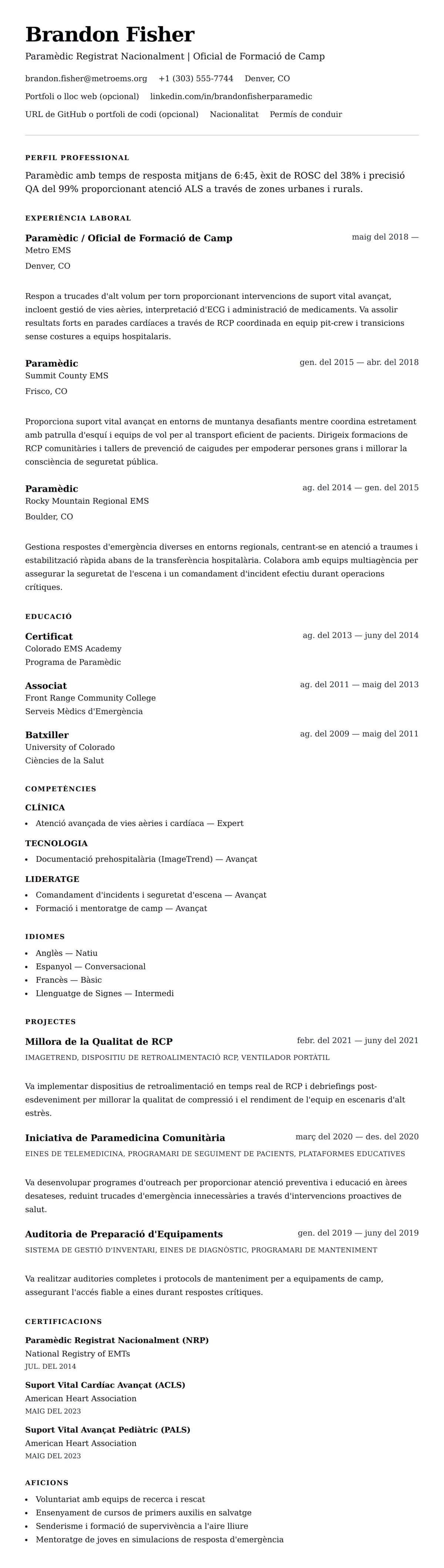 Previsualització del currículum per a Exemple de Currículum de Paramèdic