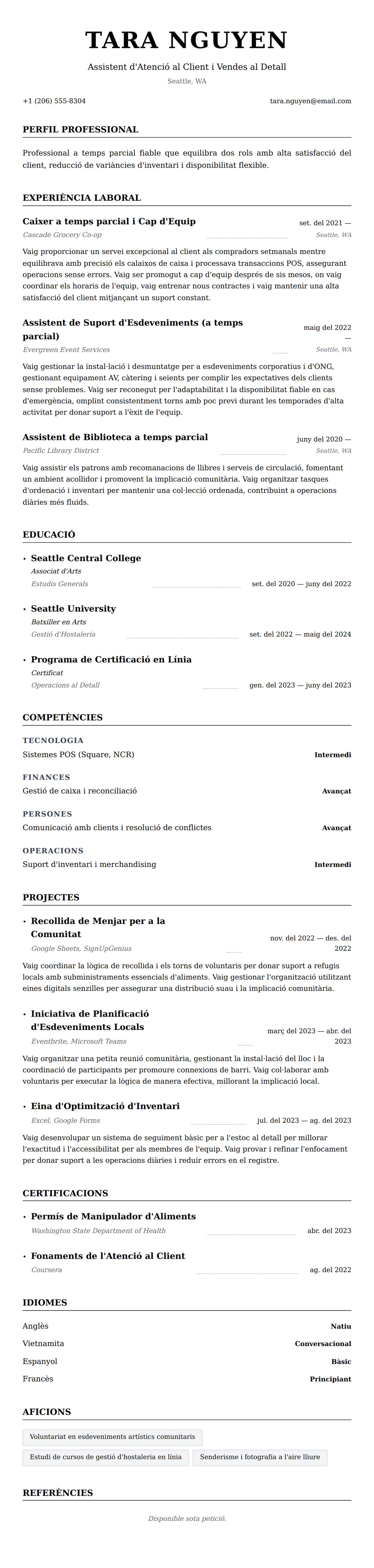 Previsualització del currículum per a Exemple de currículum per a un treball a temps parcial