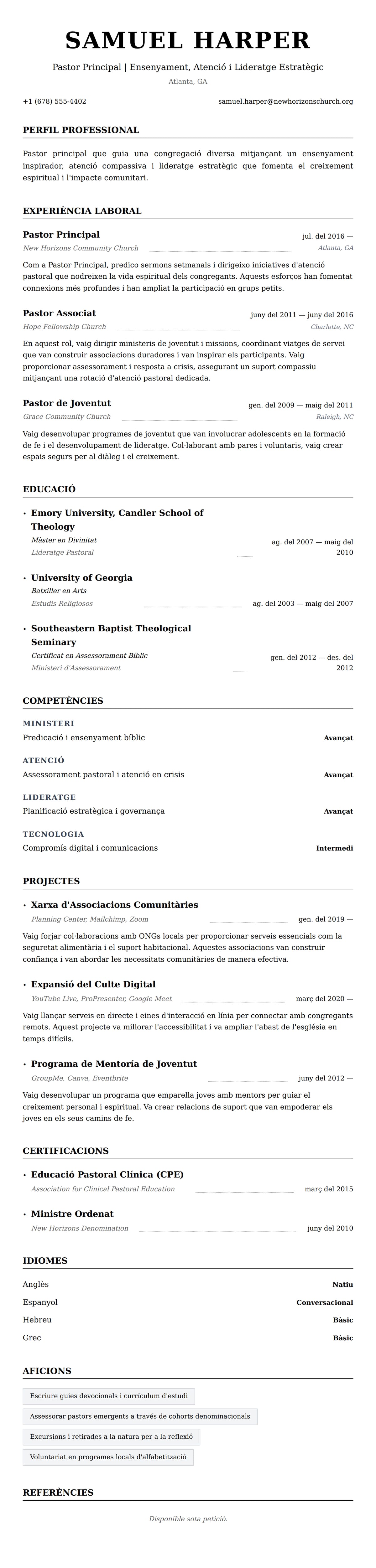 Previsualització del currículum per a Exemple de Currículum de Pastor