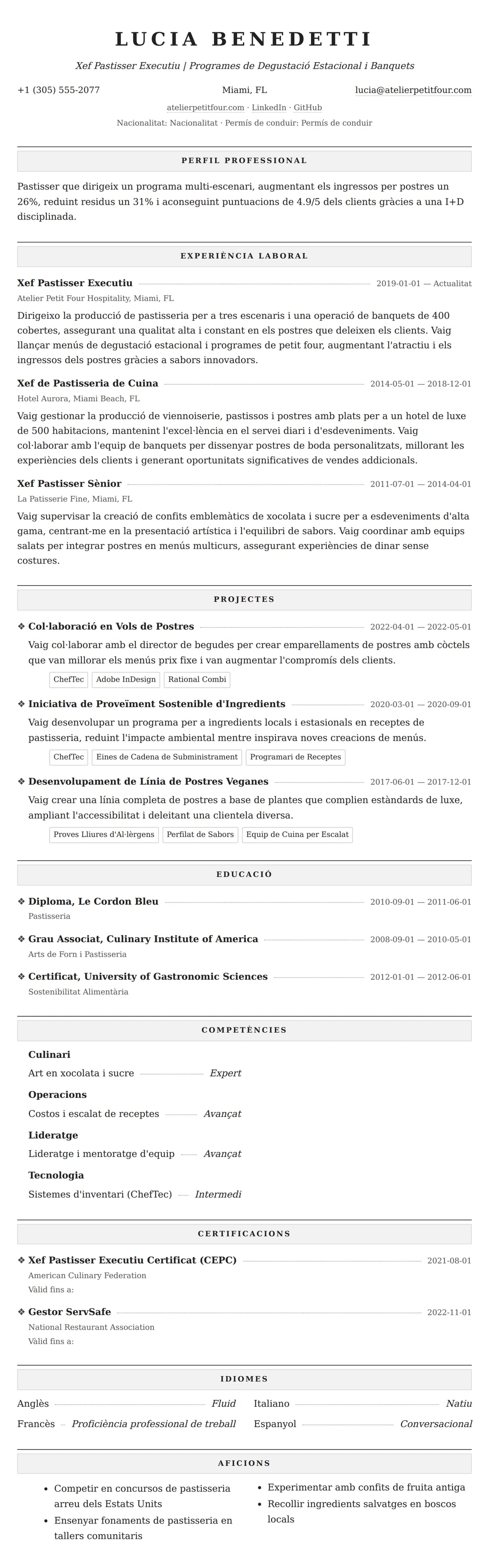 Previsualització del currículum per a Exemple de Currículum de Pastisser