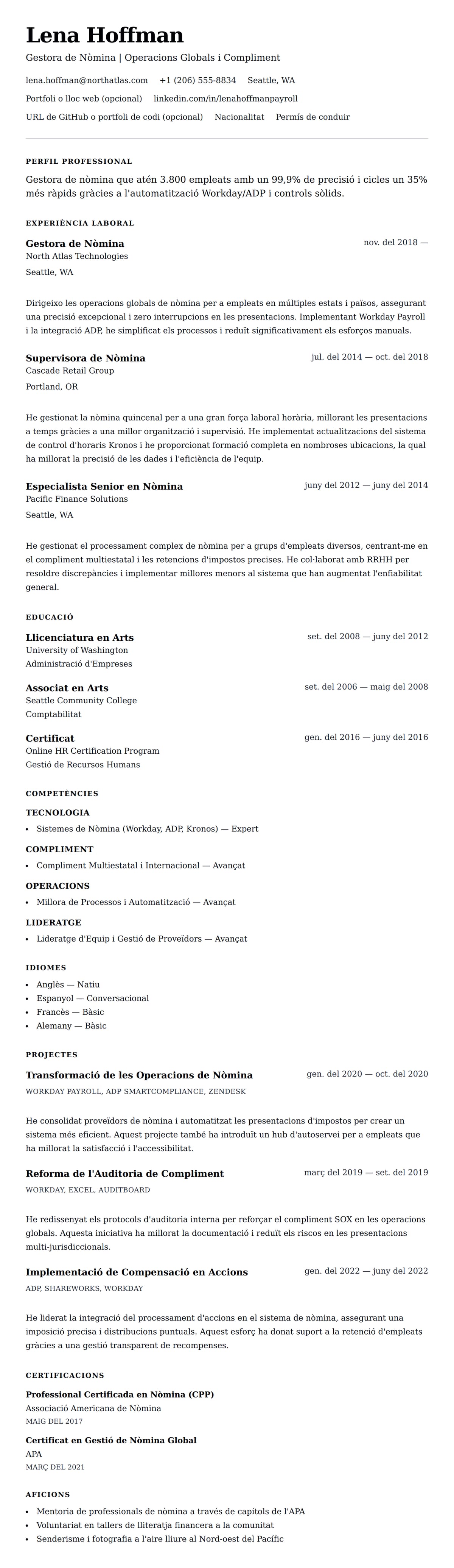 Previsualització del currículum per a Exemple de Currículum de Gestora de Nòmina