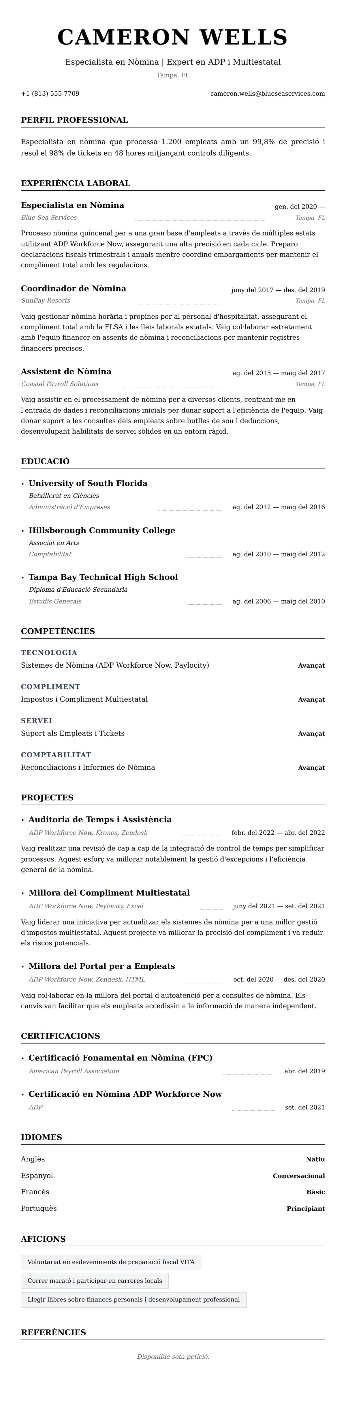 Previsualització del currículum per a Exemple de Currículum d'Especialista en Nòmina