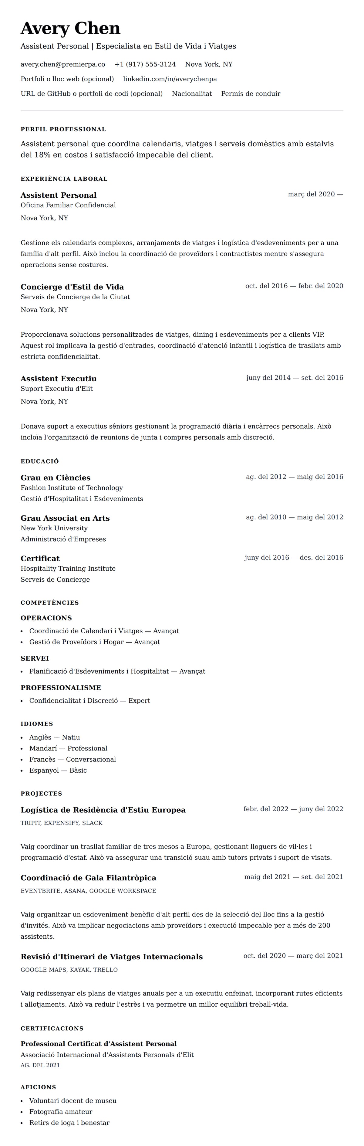 Previsualització del currículum per a Exemple de Currículum d'Assistent Personal