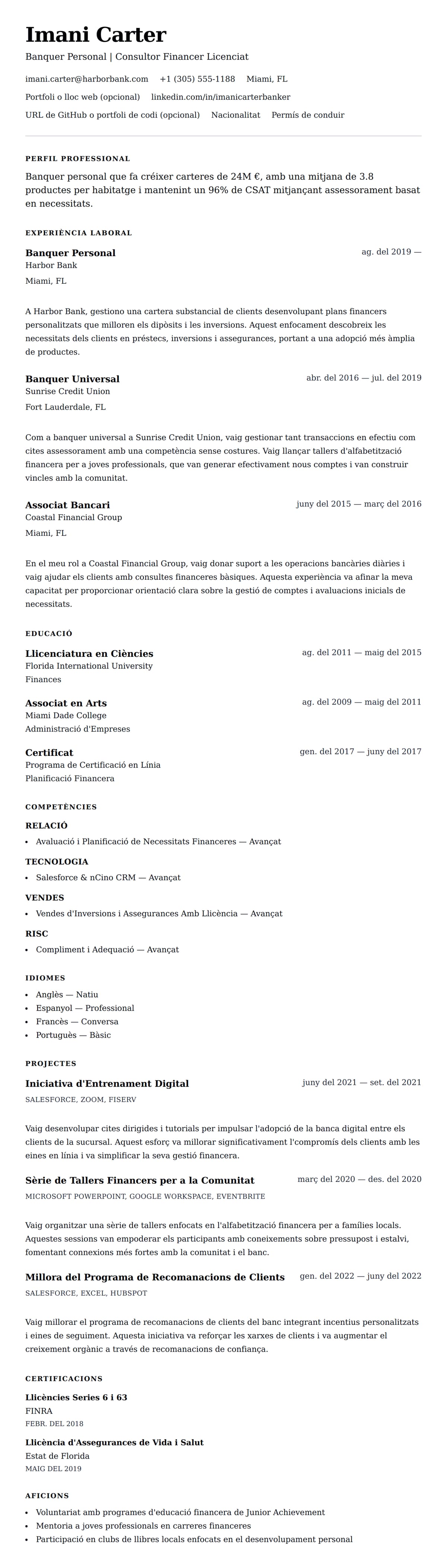 Previsualització del currículum per a Exemple de Currículum de Banquer Personal