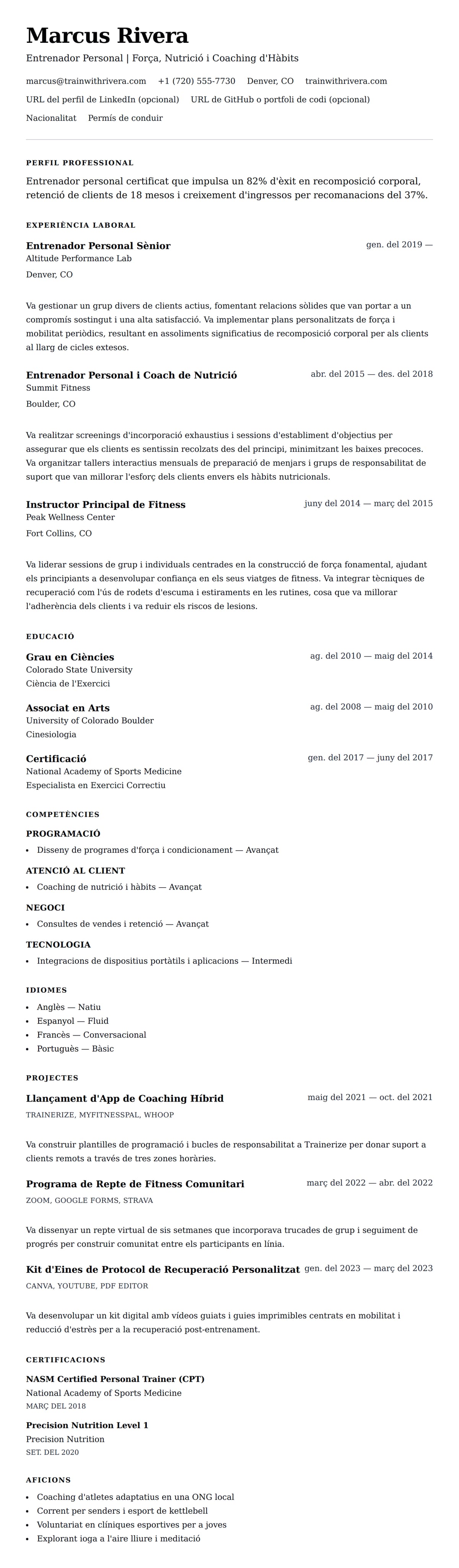 Previsualització del currículum per a Exemple de Currículum d'Entrenador Personal