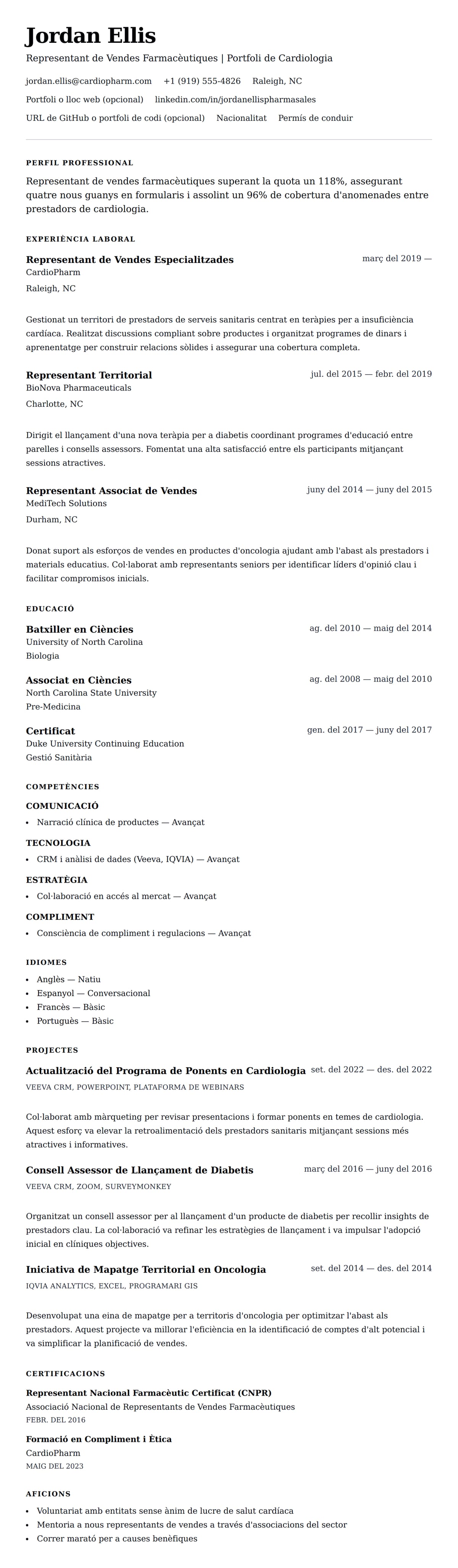 Previsualització del currículum per a Exemple de Currículum de Representant de Vendes Farmacèutiques