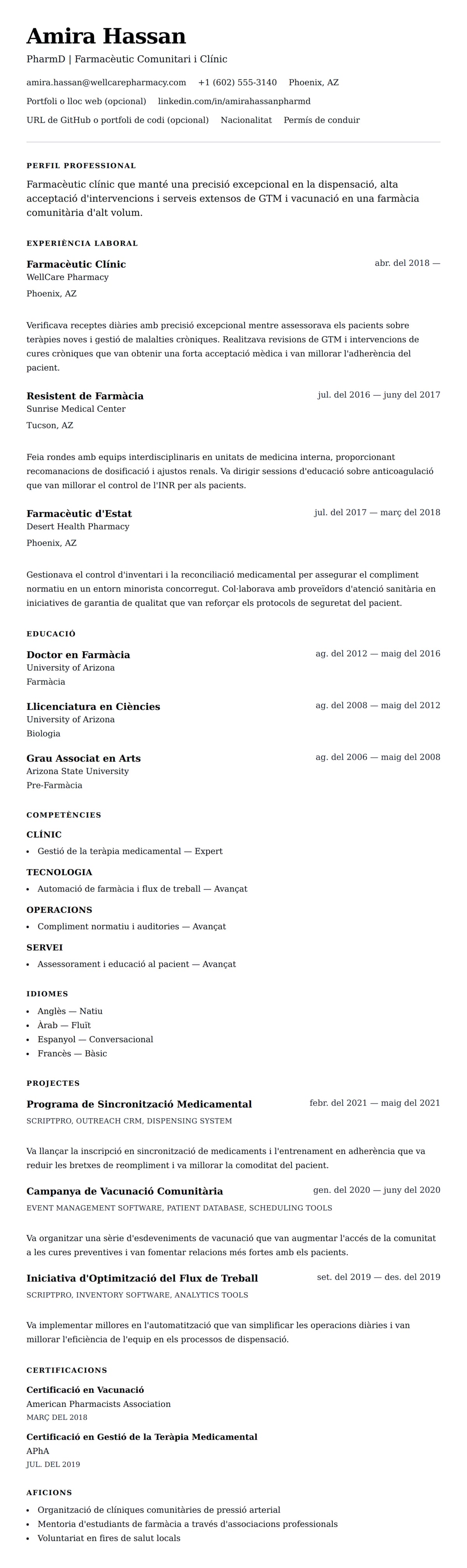 Previsualització del currículum per a Exemple de Currículum de Farmacèutic