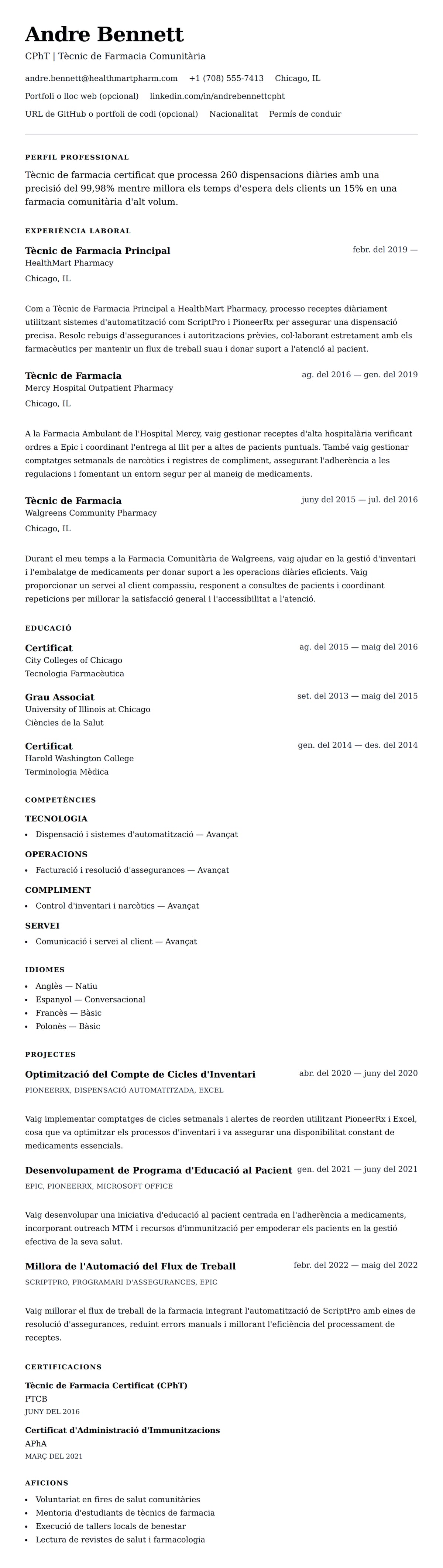 Previsualització del currículum per a Exemple de Currículum de Tècnic de Farmacia