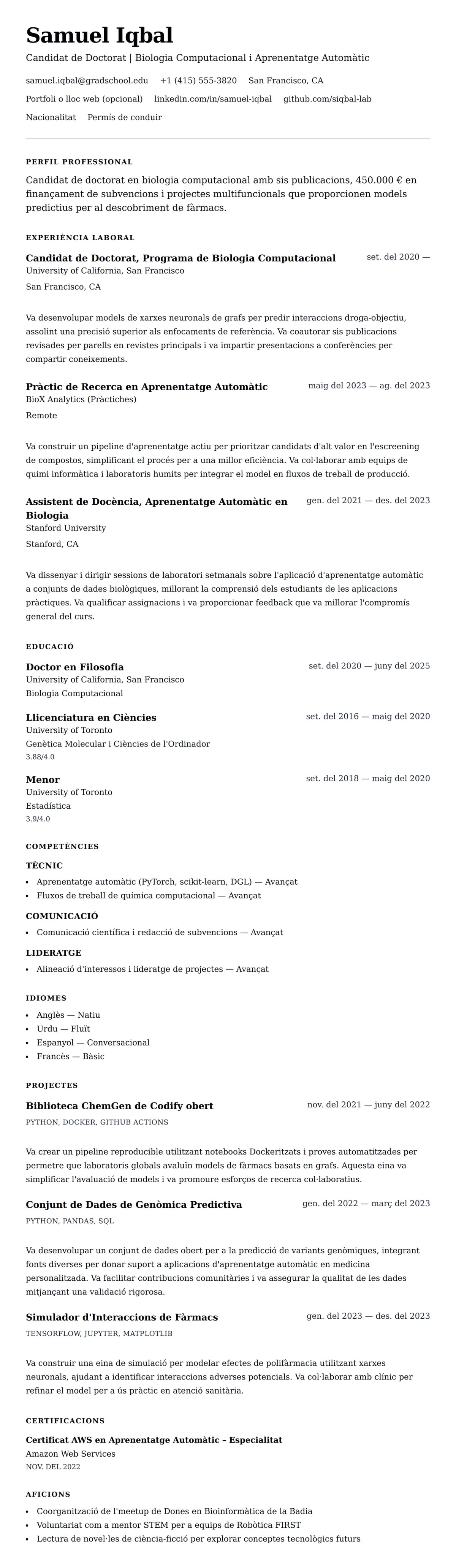 Previsualització del currículum per a Exemple de Currículum de Doctorat