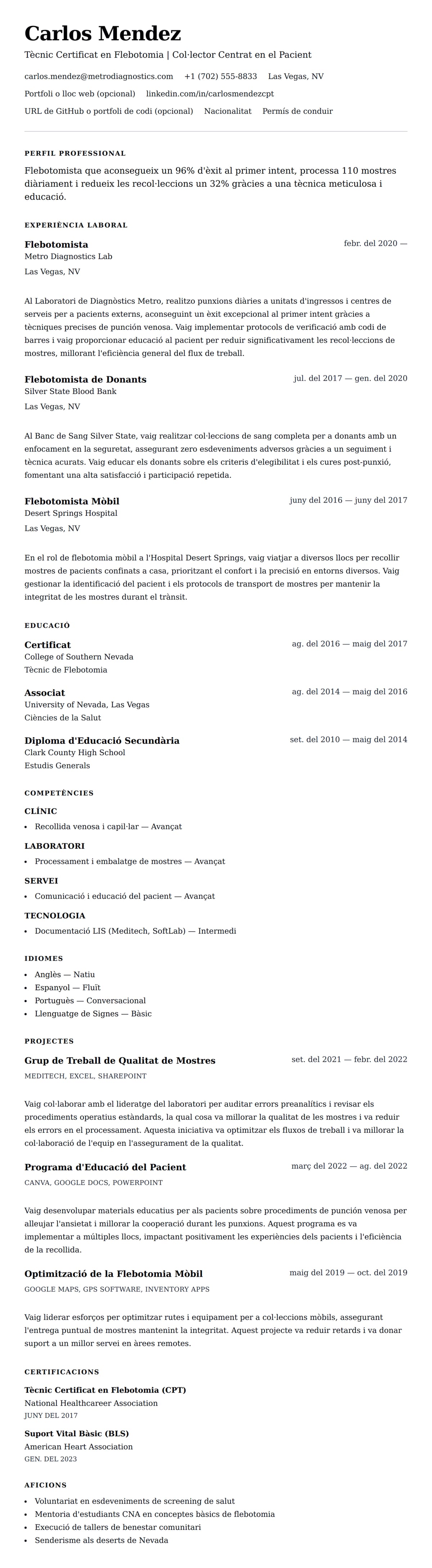 Previsualització del currículum per a Exemple de Currículum de Flebotomista