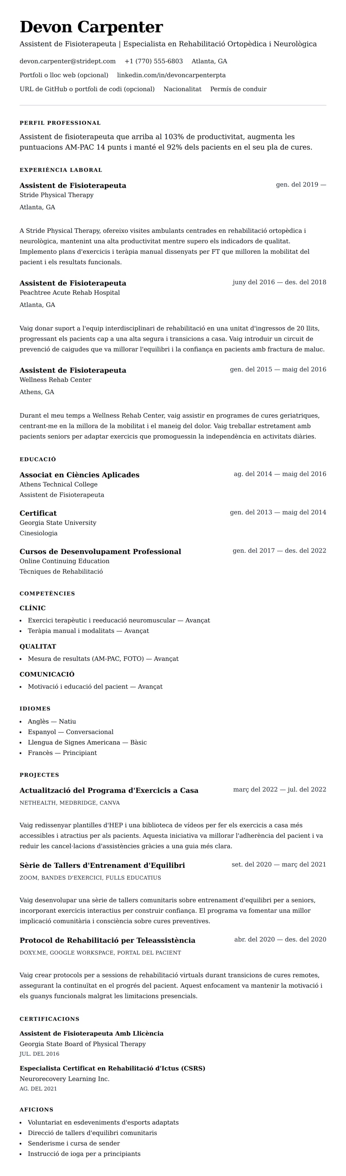 Previsualització del currículum per a Exemple de Currículum d'Assistent de Fisioterapeuta (AF)