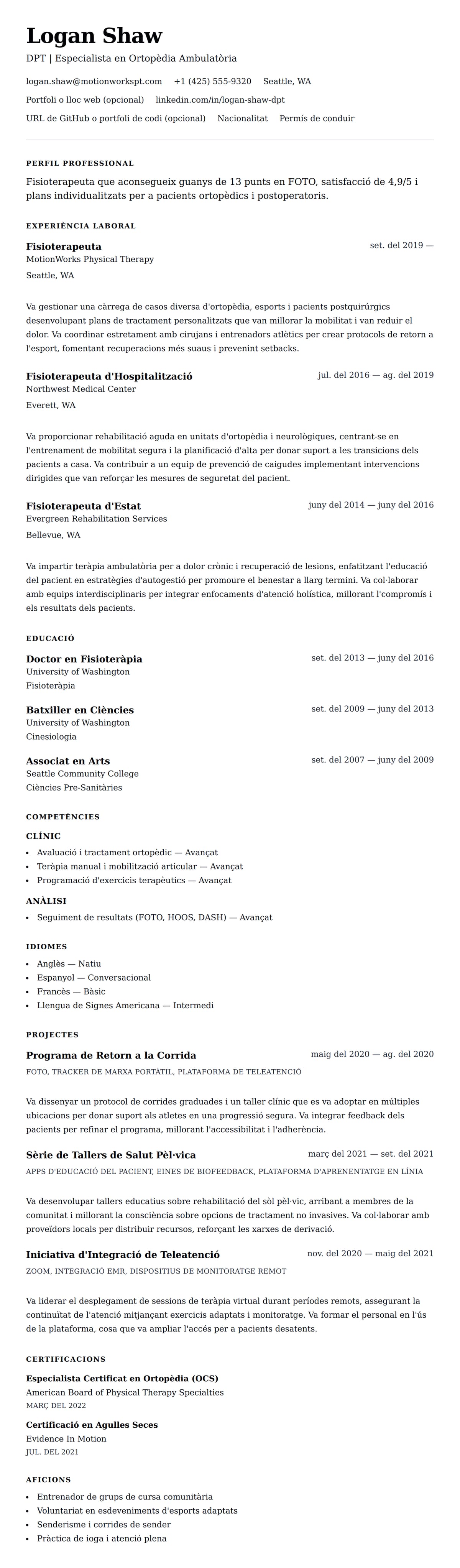 Previsualització del currículum per a Exemple de Currículum de Fisioterapeuta