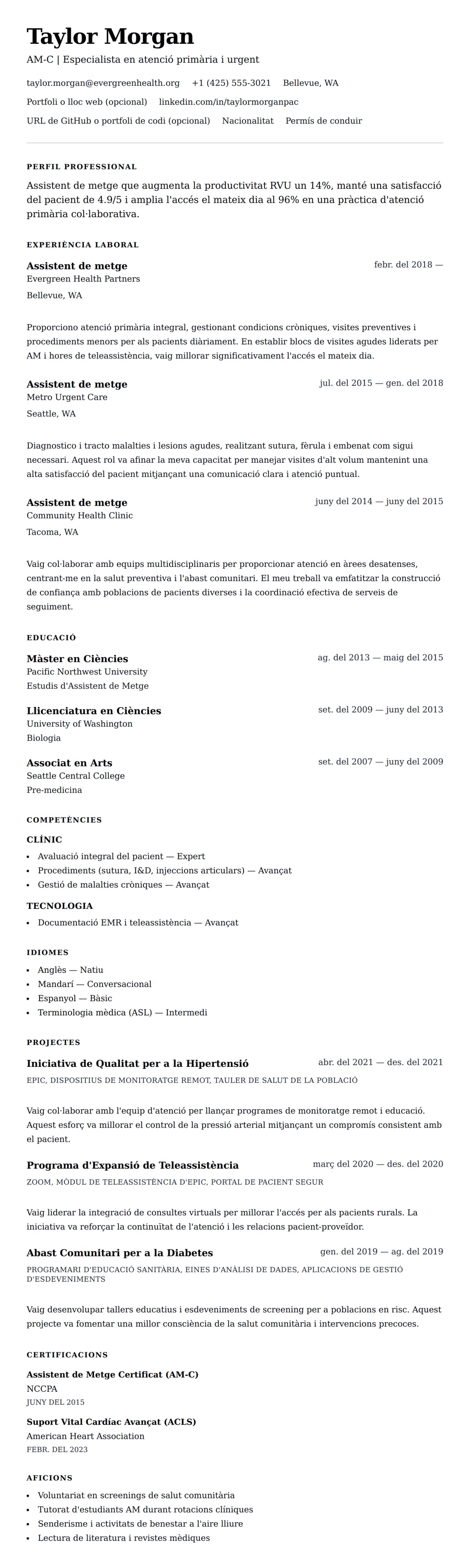 Previsualització del currículum per a Exemple de currículum d'assistent de metge