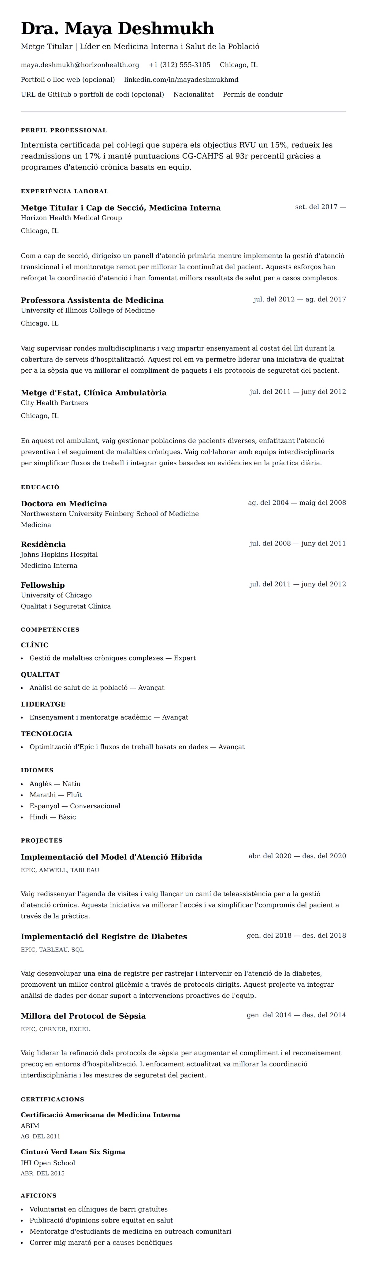 Previsualització del currículum per a Exemple de Currículum de Metge