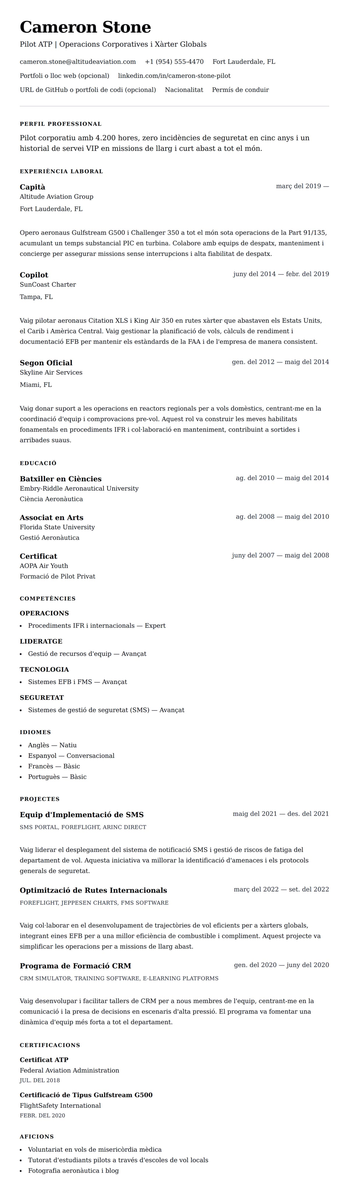 Previsualització del currículum per a Exemple de Currículum de Pilot