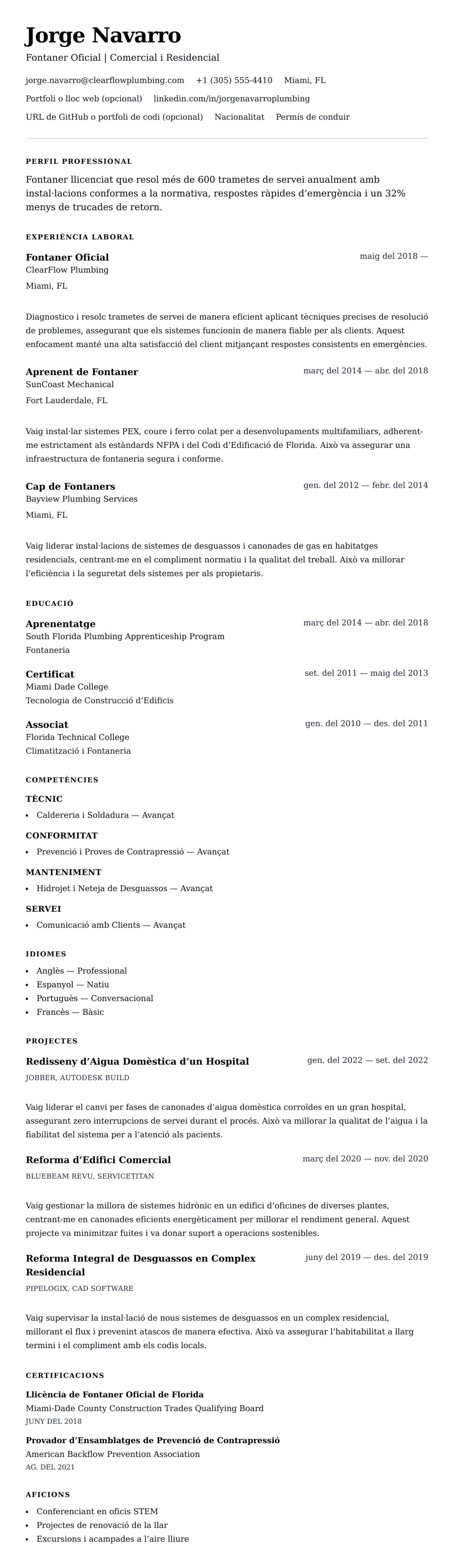 Previsualització del currículum per a Exemple de Currículum de Fontaner