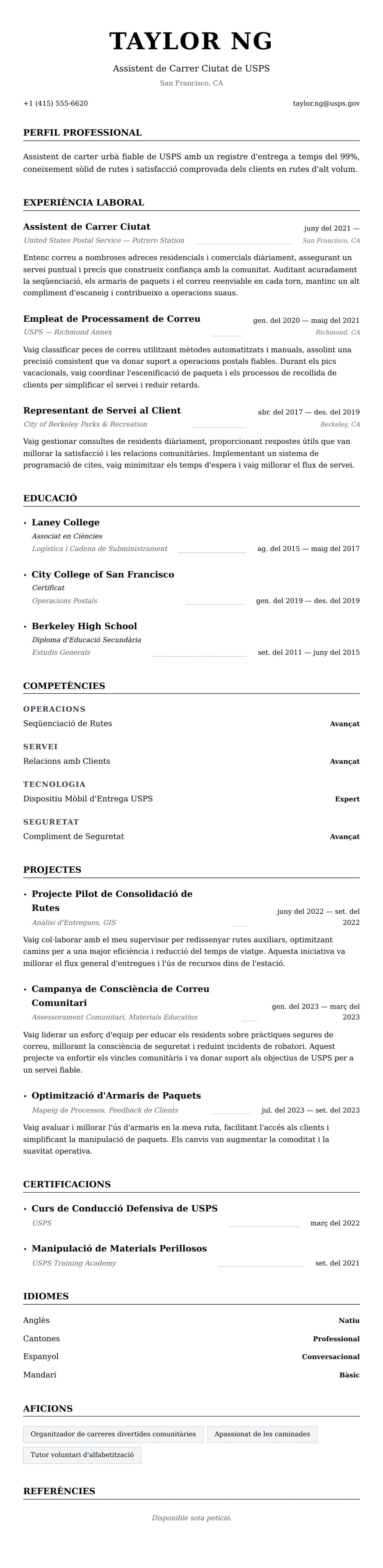 Previsualització del currículum per a Exemple de Currículum de Treballador del Servei Postal
