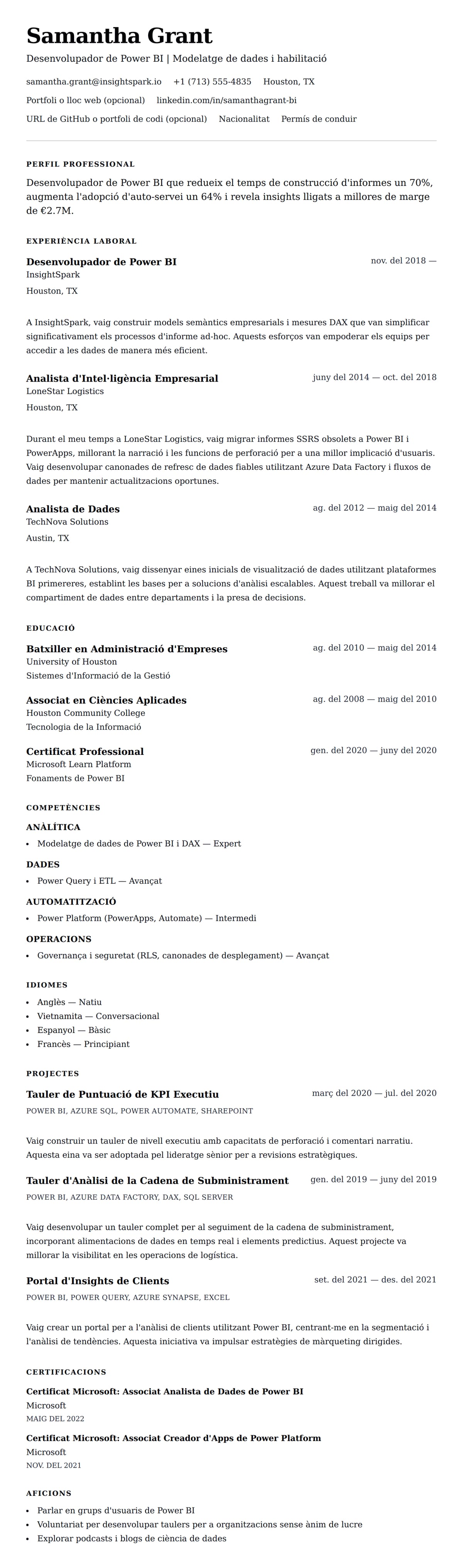 Previsualització del currículum per a Exemple de Currículum de Desenvolupador de Power BI