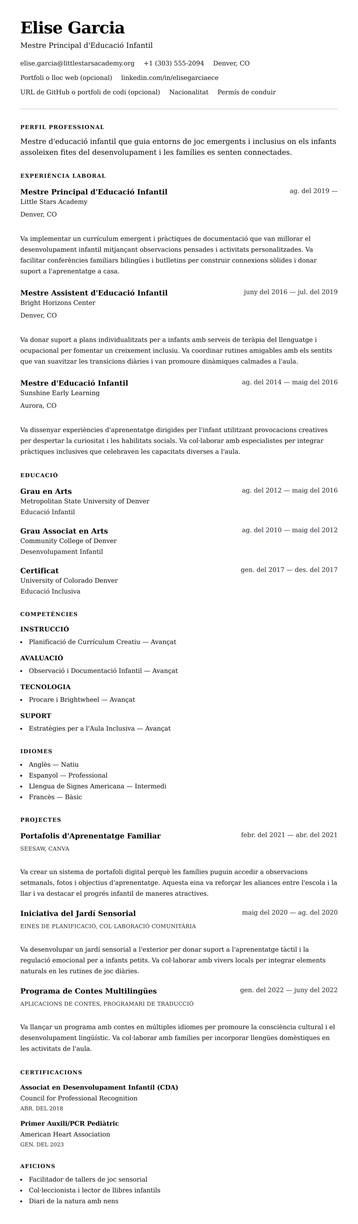 Previsualització del currículum per a Exemple de Currículum de Mestre d'Educació Infantil