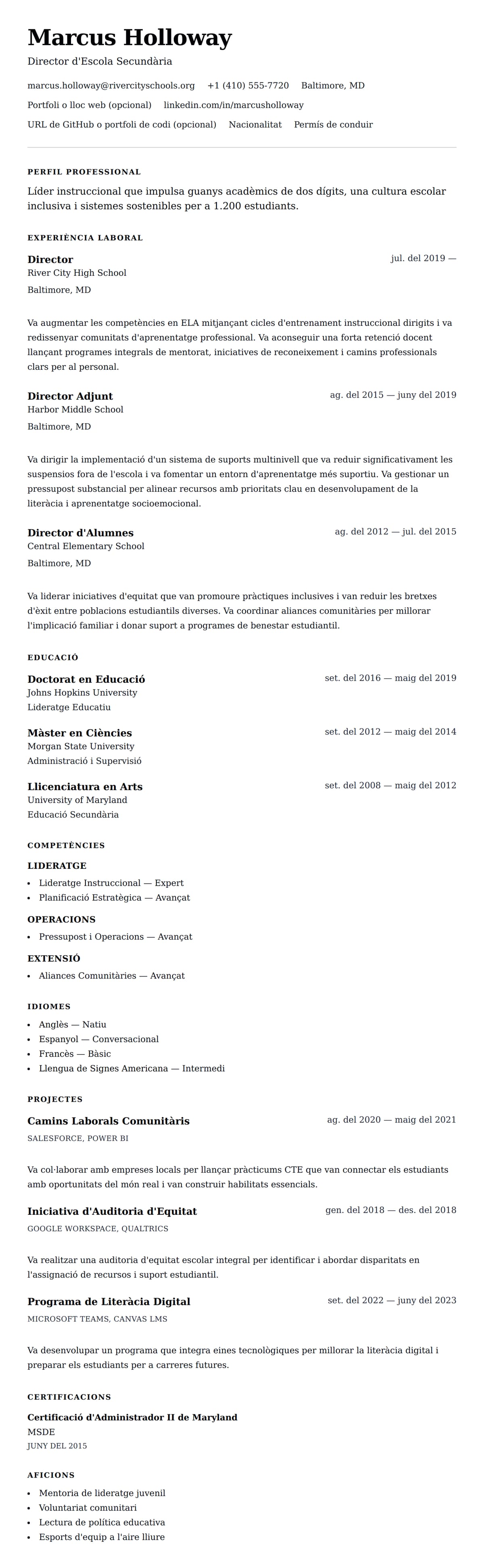 Previsualització del currículum per a Exemple de Currículum de Director