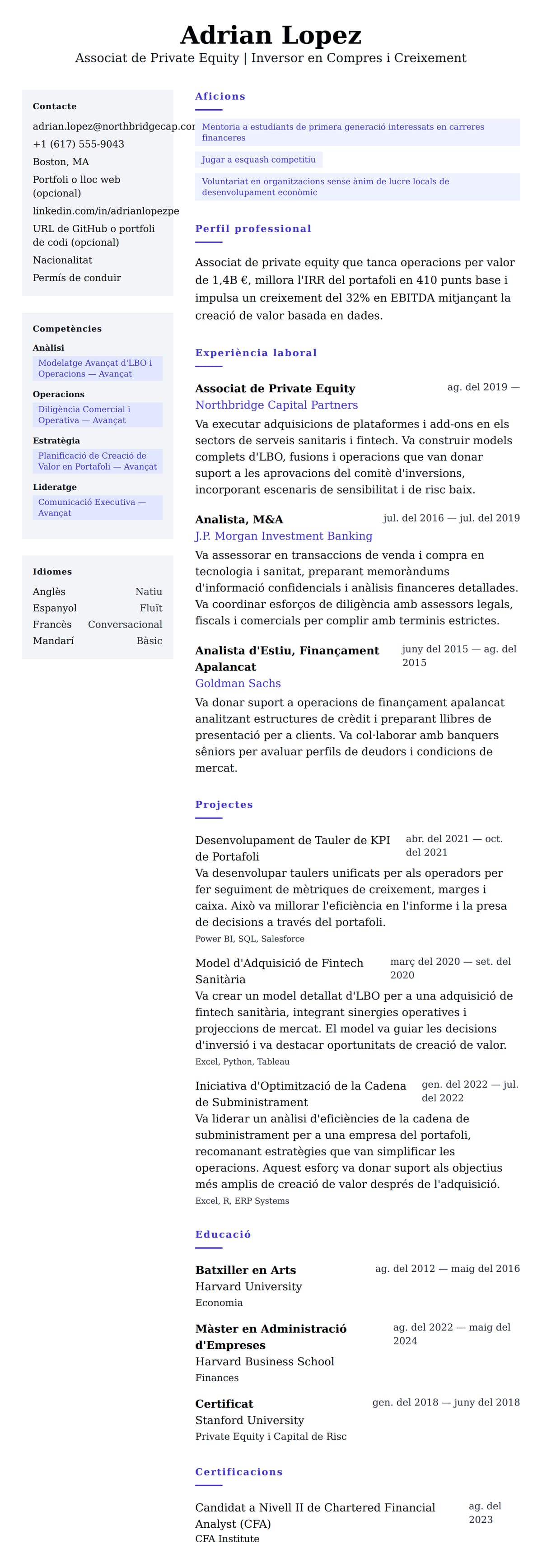 Previsualització del currículum per a Exemple de Currículum d'Associat de Private Equity
