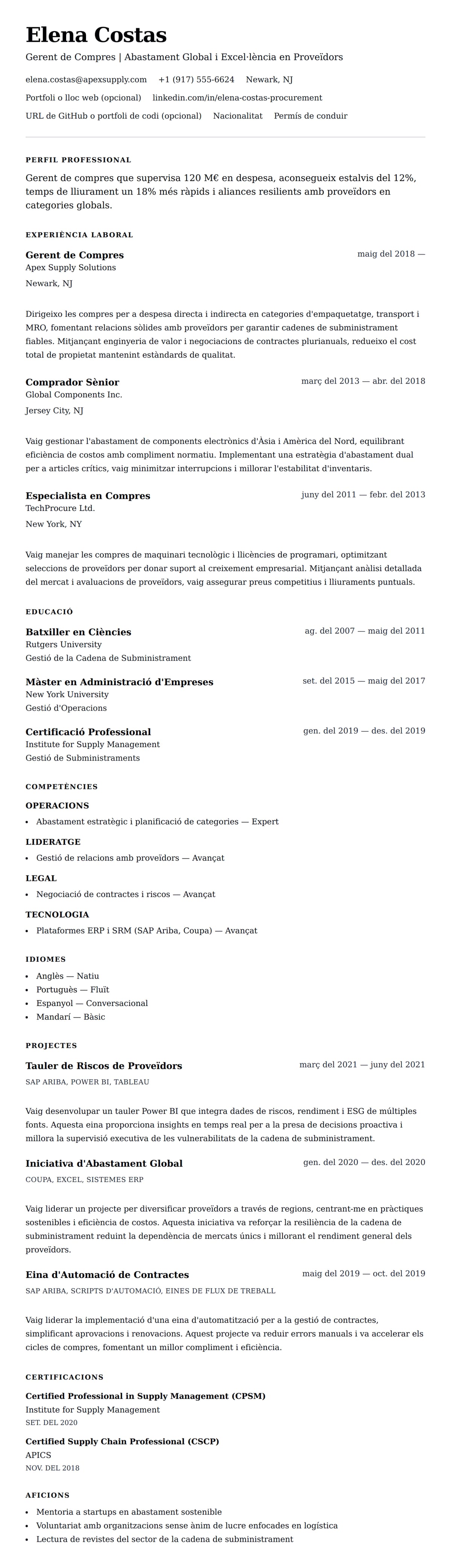 Previsualització del currículum per a Exemple de Currículum de Gerent de Compres