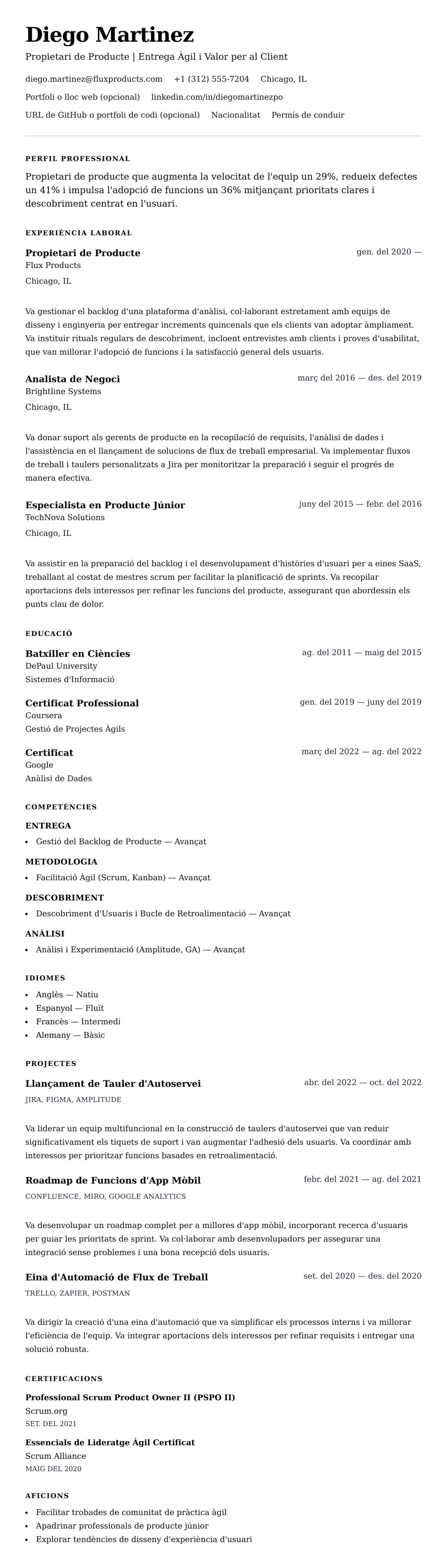 Previsualització del currículum per a Exemple de Currículum de Propietari de Producte