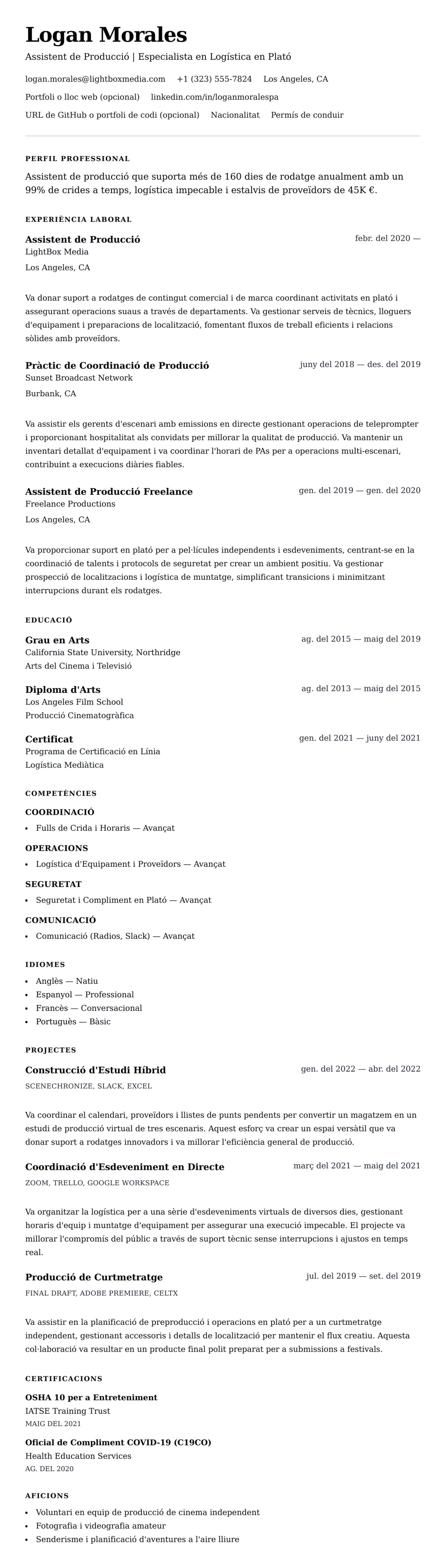 Previsualització del currículum per a Exemple de Currículum d'Assistent de Producció