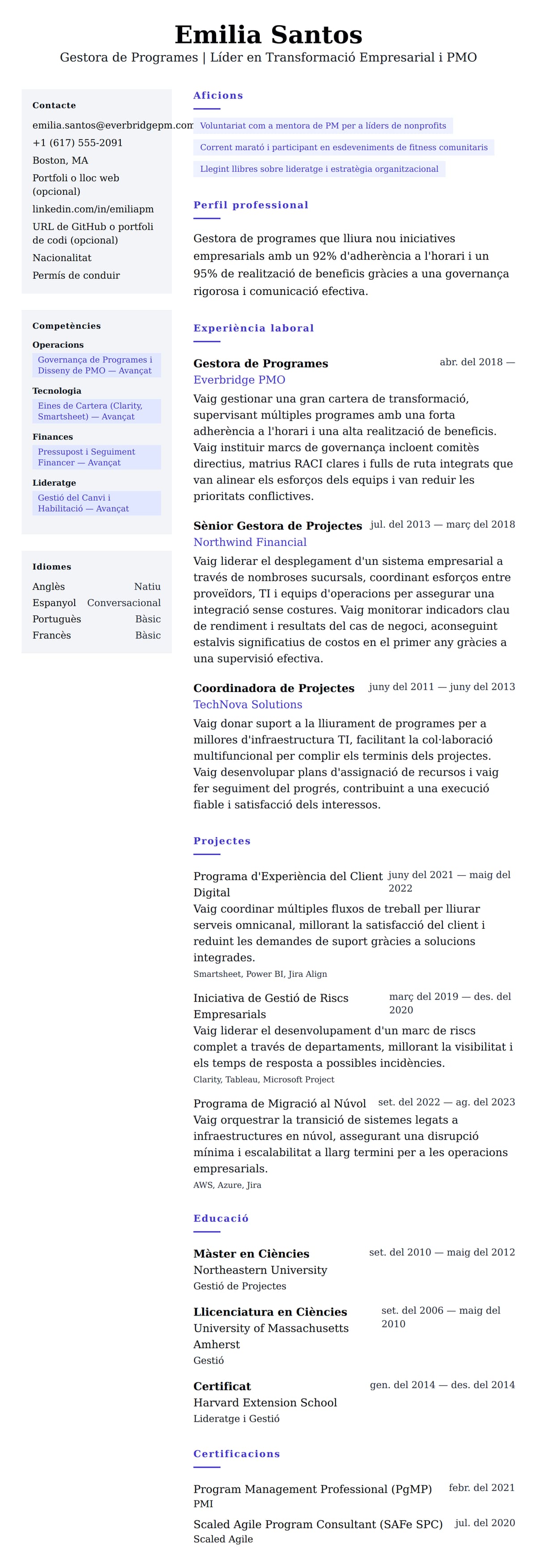 Previsualització del currículum per a Exemple de Currículum de Gestor de Programes