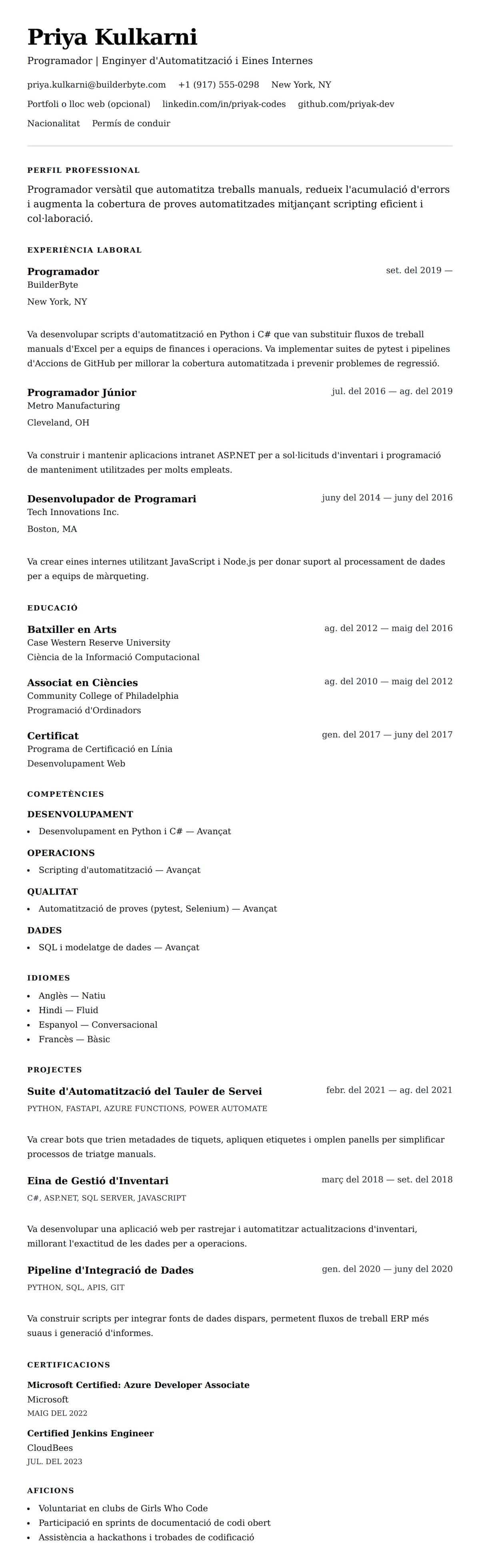 Previsualització del currículum per a Exemple de Currículum de Programador