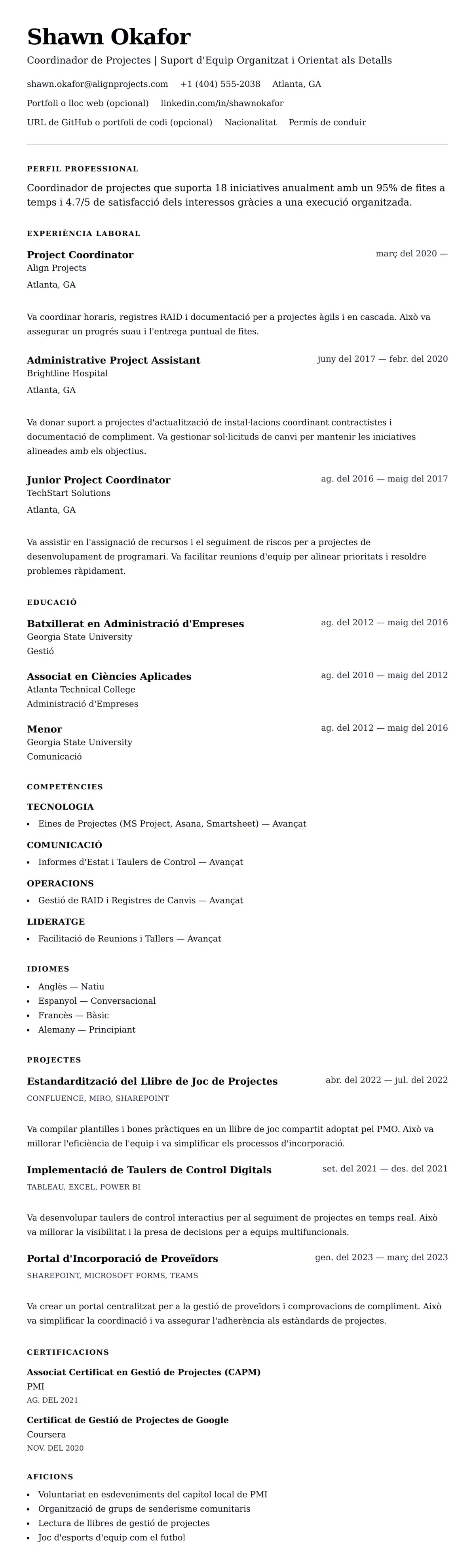 Previsualització del currículum per a Exemple de Currículum de Coordinador de Projectes