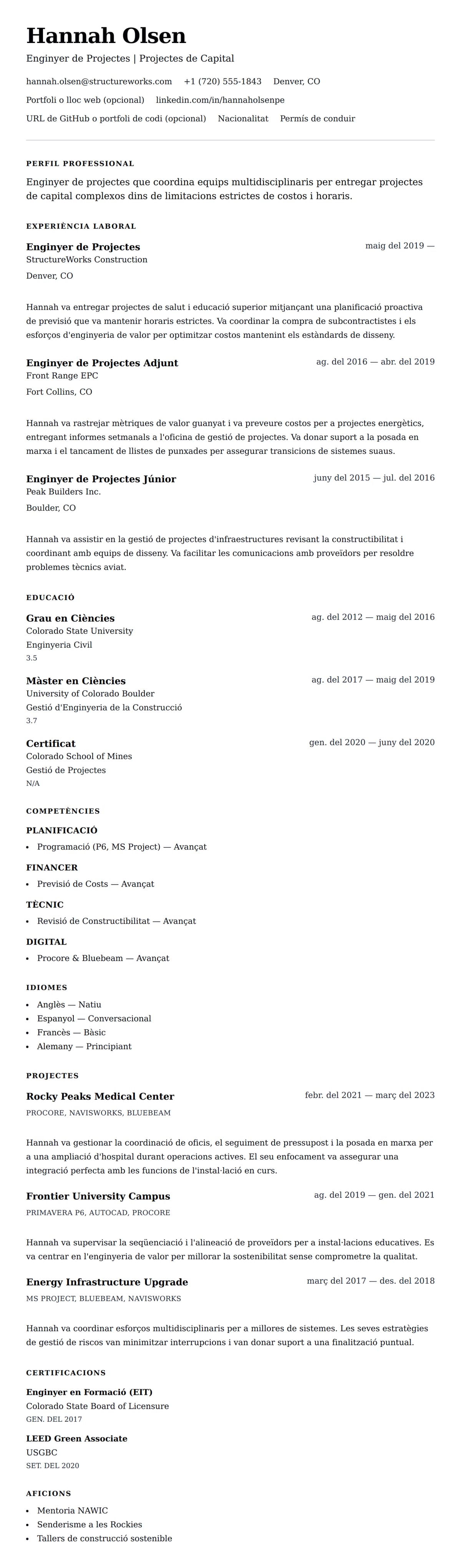 Previsualització del currículum per a Exemple de Currículum d'Enginyer de Projectes