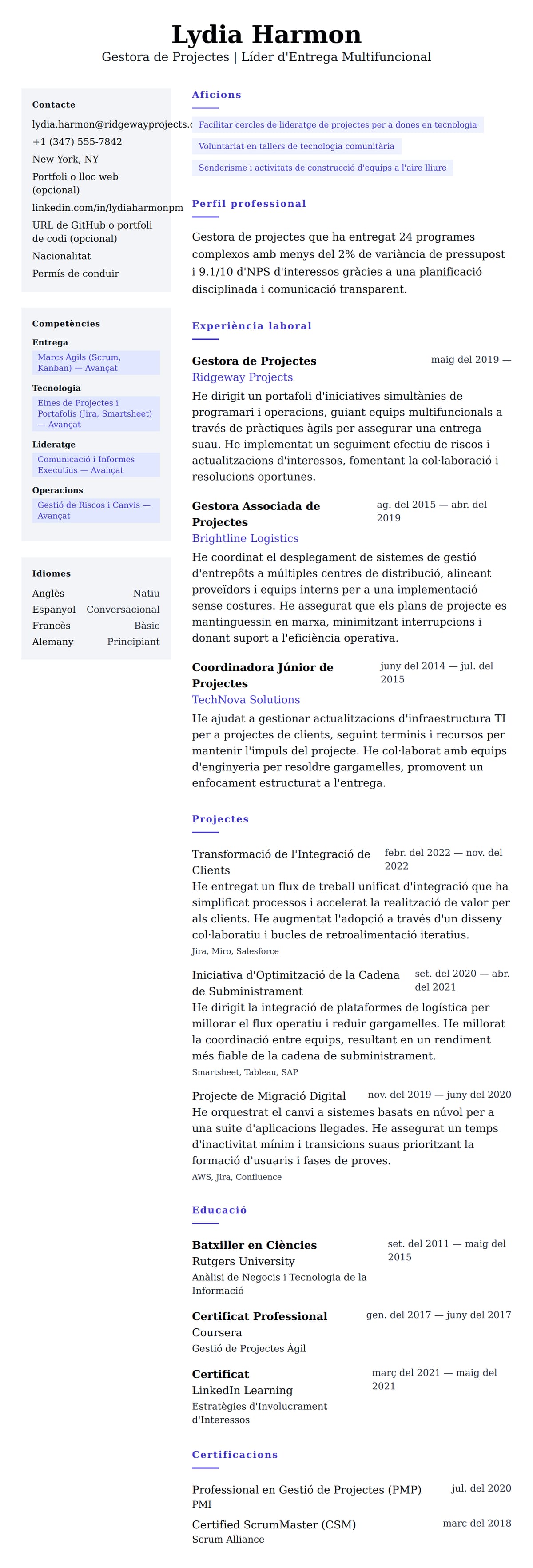 Previsualització del currículum per a Exemple de Currículum de Gestora de Projectes