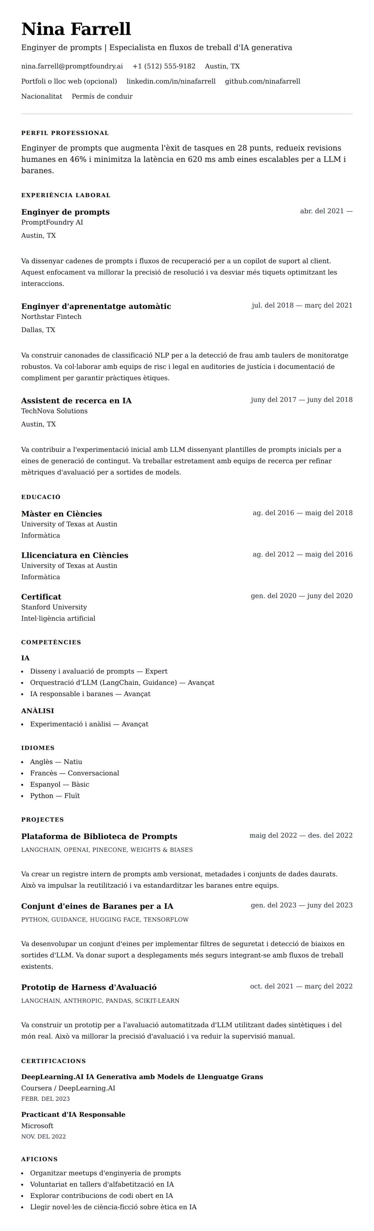 Previsualització del currículum per a Exemple de currículum d'enginyer de prompts