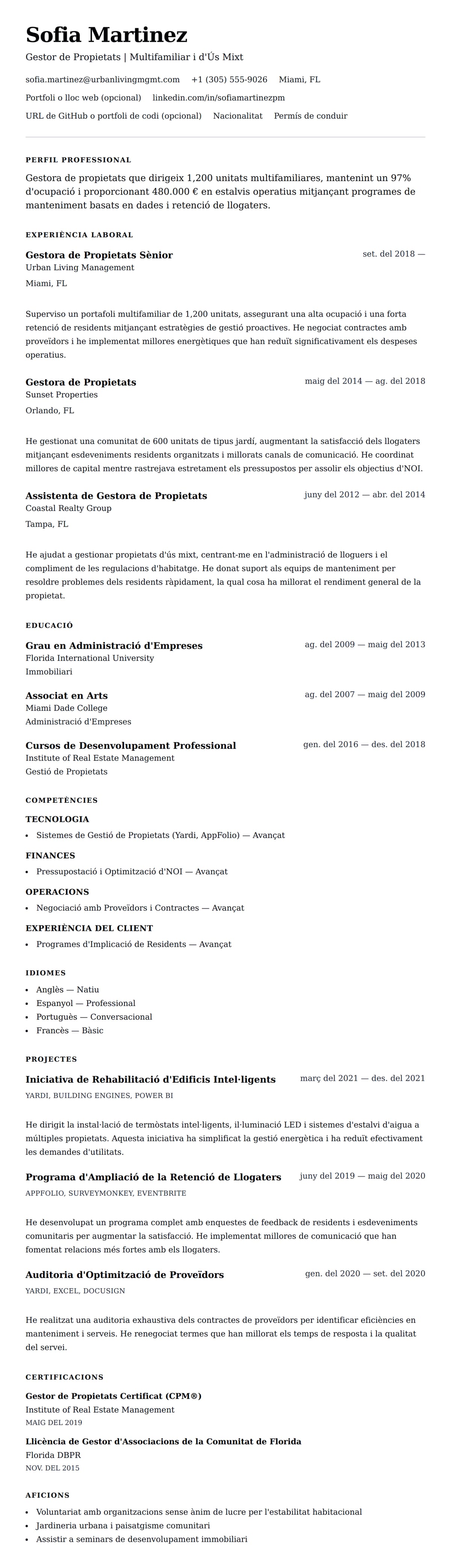 Previsualització del currículum per a Exemple de Currículum de Gestor de Propietats