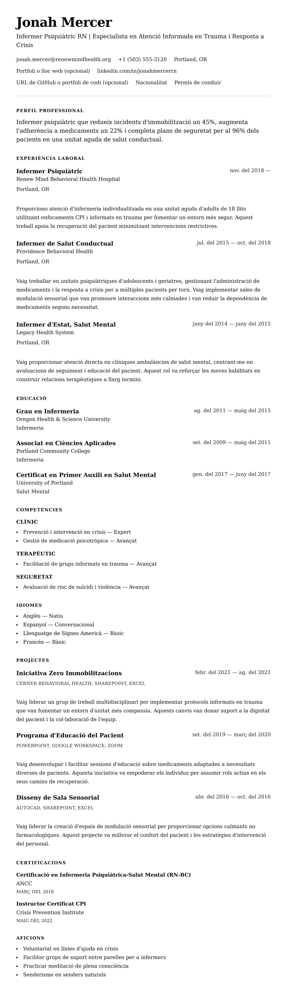 Previsualització del currículum per a Exemple de Currículum d'Infermer Psiquiàtric