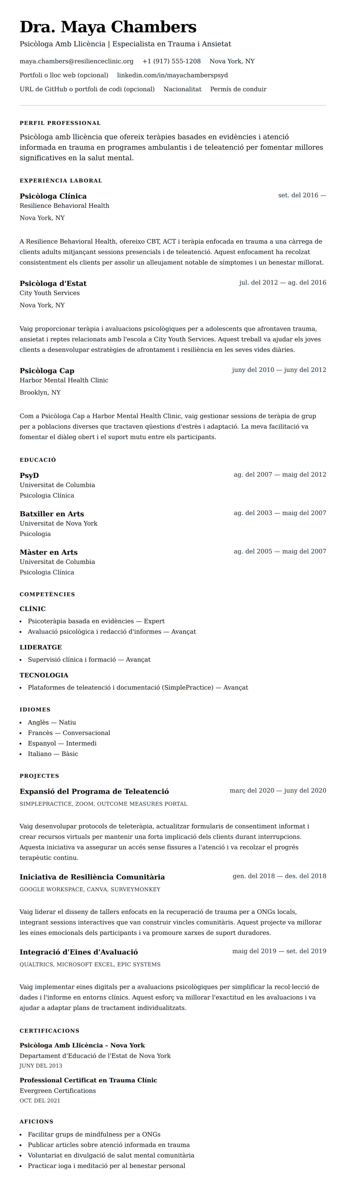 Previsualització del currículum per a Exemple de Currículum de Psicòleg