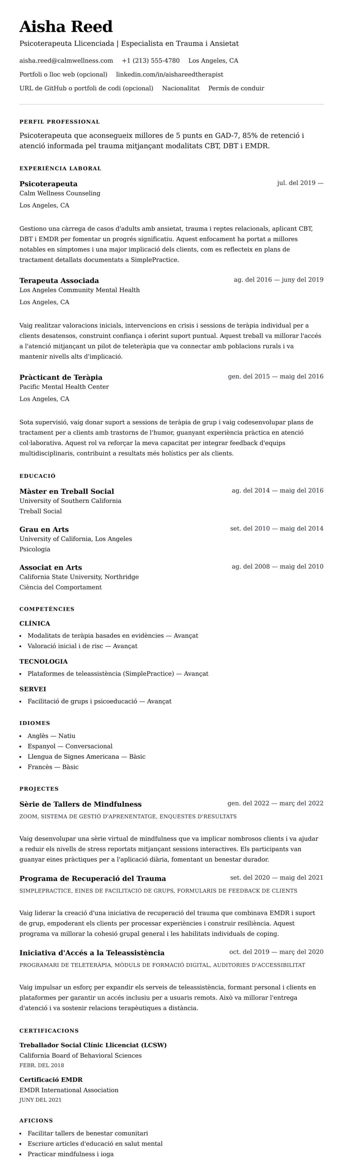 Previsualització del currículum per a Exemple de Currículum de Psicoterapeuta