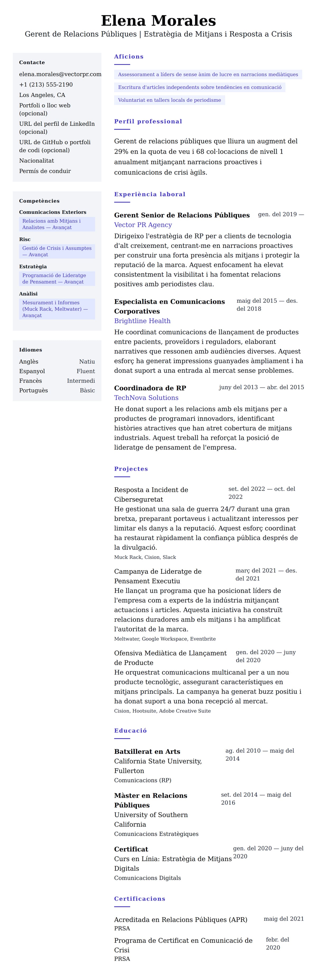 Previsualització del currículum per a Exemple de Currículum de Gerent de Relacions Públiques