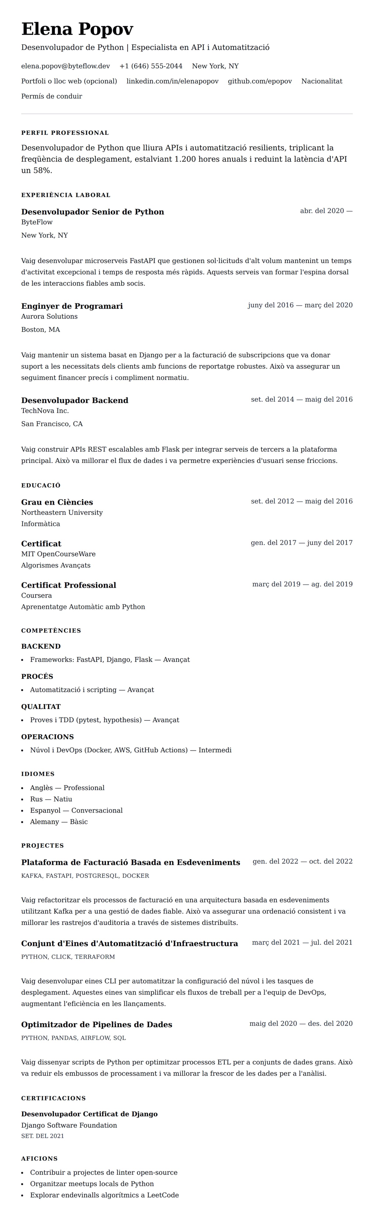 Previsualització del currículum per a Exemple de Currículum de Desenvolupador de Python